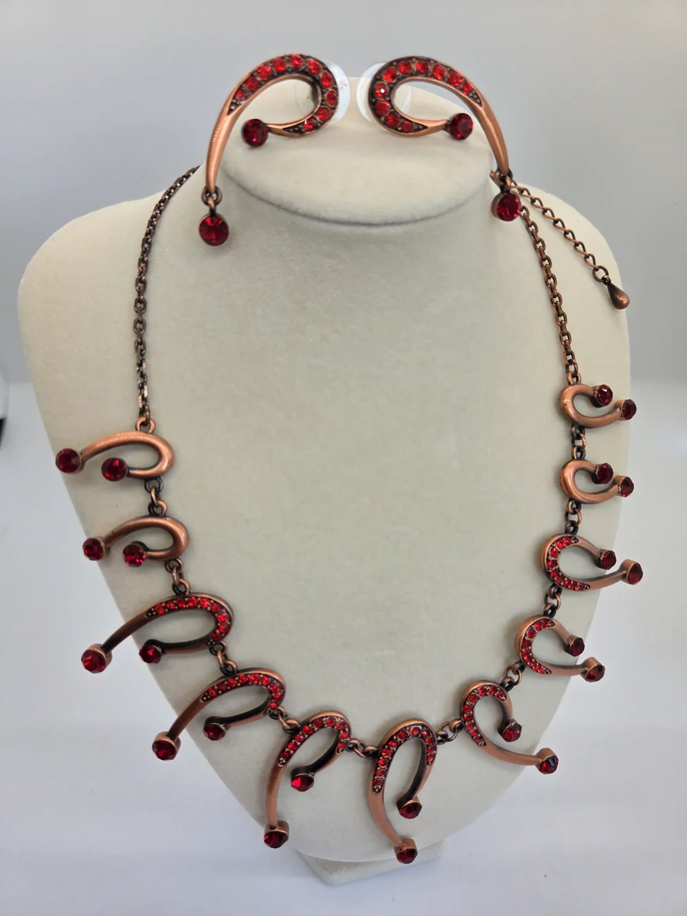 Red Crystal Crescent Drop Necklace and Earring Set, Copper Tone